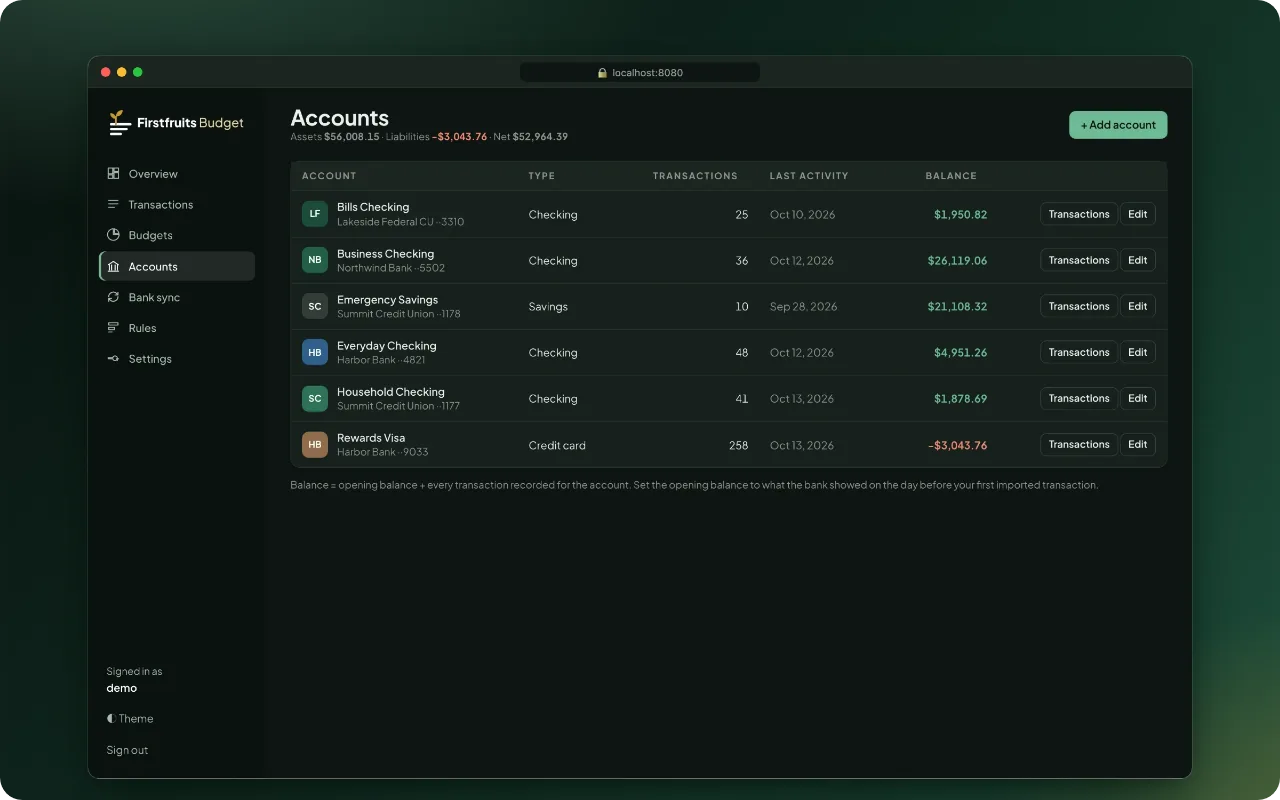 The Accounts page in dark mode: checking, savings and credit card accounts with their banks, transaction counts, last activity and balances, plus total assets, liabilities and net position.