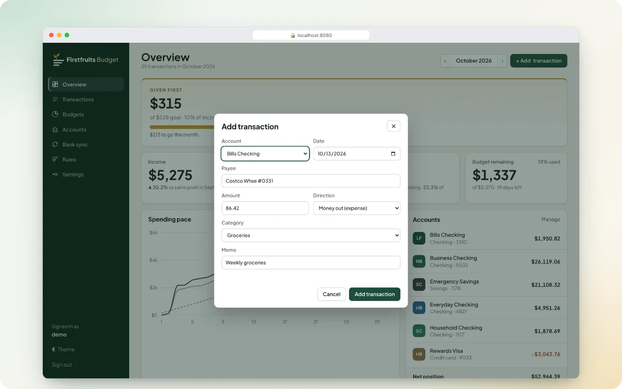 The Add transaction dialog with account, date, payee, amount, direction, category and memo fields, open over the overview.