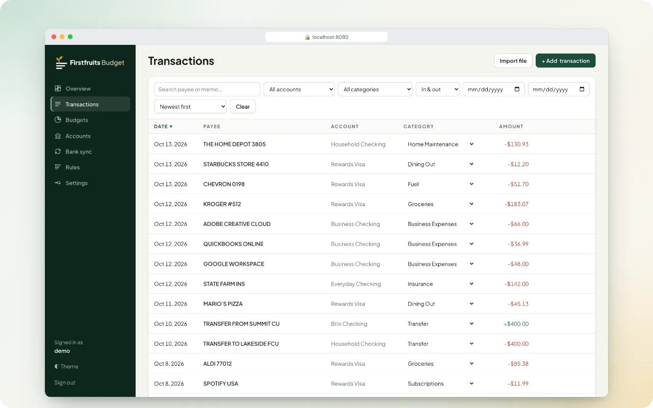 The Transactions page with search, account, category, direction and date filters, and a sortable list of transactions with an inline category menu on each row.